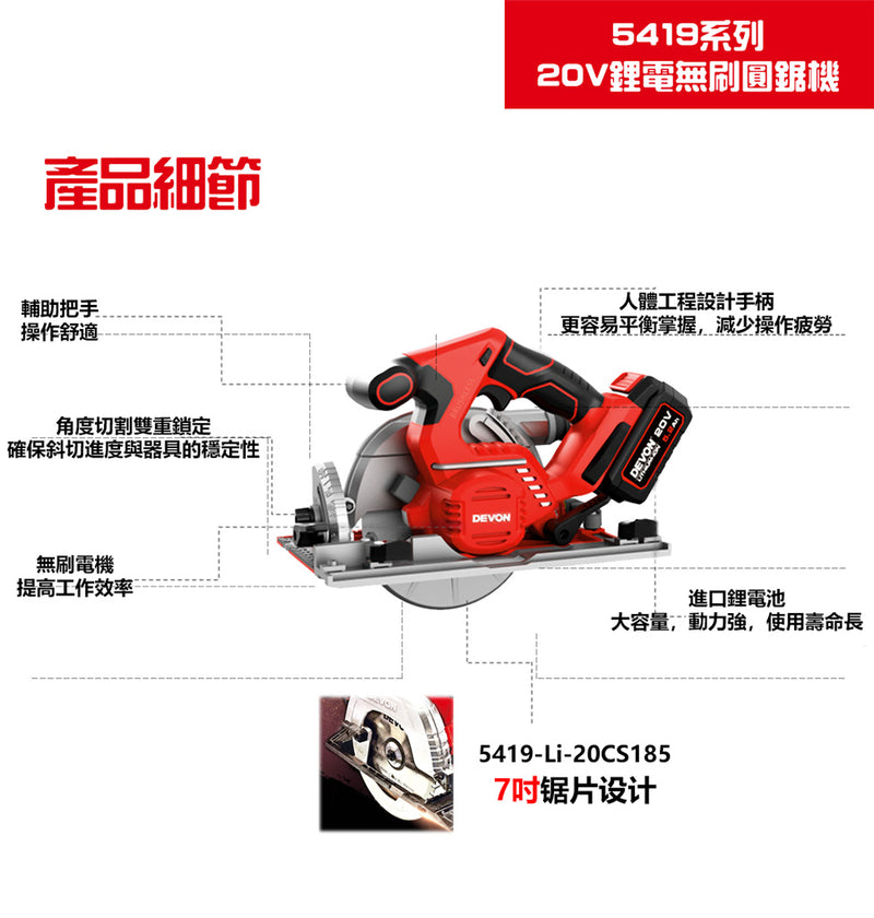 DEVON 大有 5419-Li-20CS185 circular saw