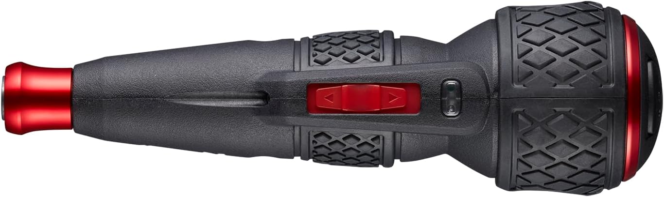 Black and red tool handle with textured grip on a white background
