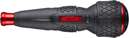 Black and red tool handle with textured grip on a white background