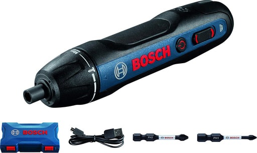 Bosch GO 2.0 cordless smart screwdriver shown with storage box, USB cable and two bits