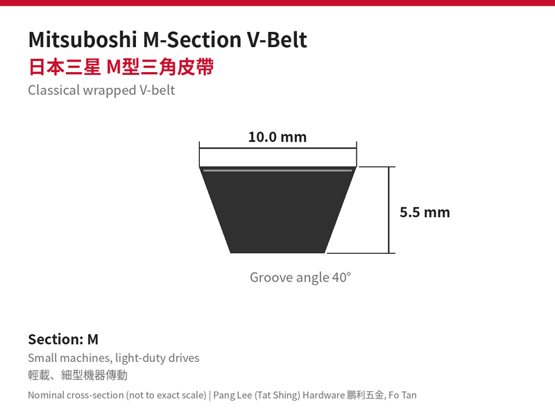 Mitsuboshi M-section V-belt 10.0 x 5.5 mm cross-section 日本三星 M型三角皮帶 尺寸圖