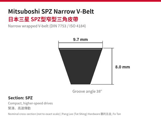 Mitsuboshi SPZ narrow V-belt 9.7 x 8.0 mm cross-section 日本三星 SPZ型窄型三角皮帶 尺寸圖