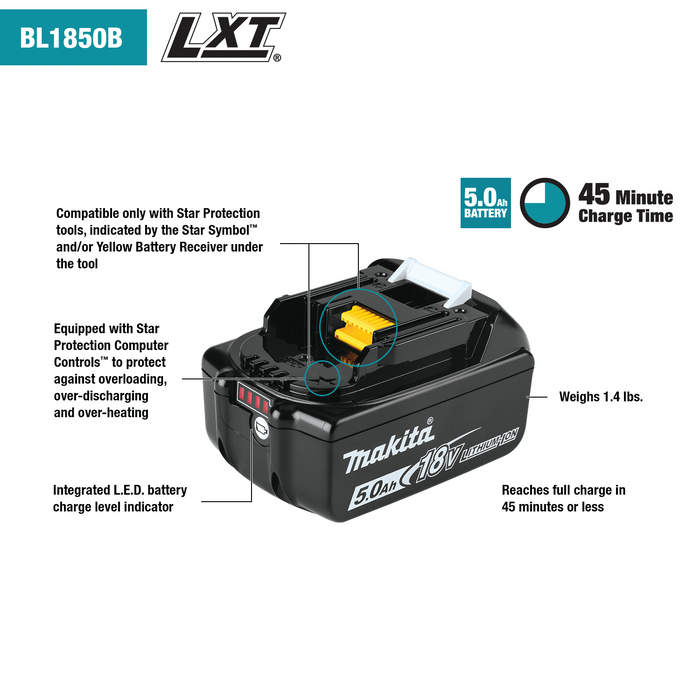 Makita 18V 5.0Ah LXT Lithium-Ion Battery- BL1850B