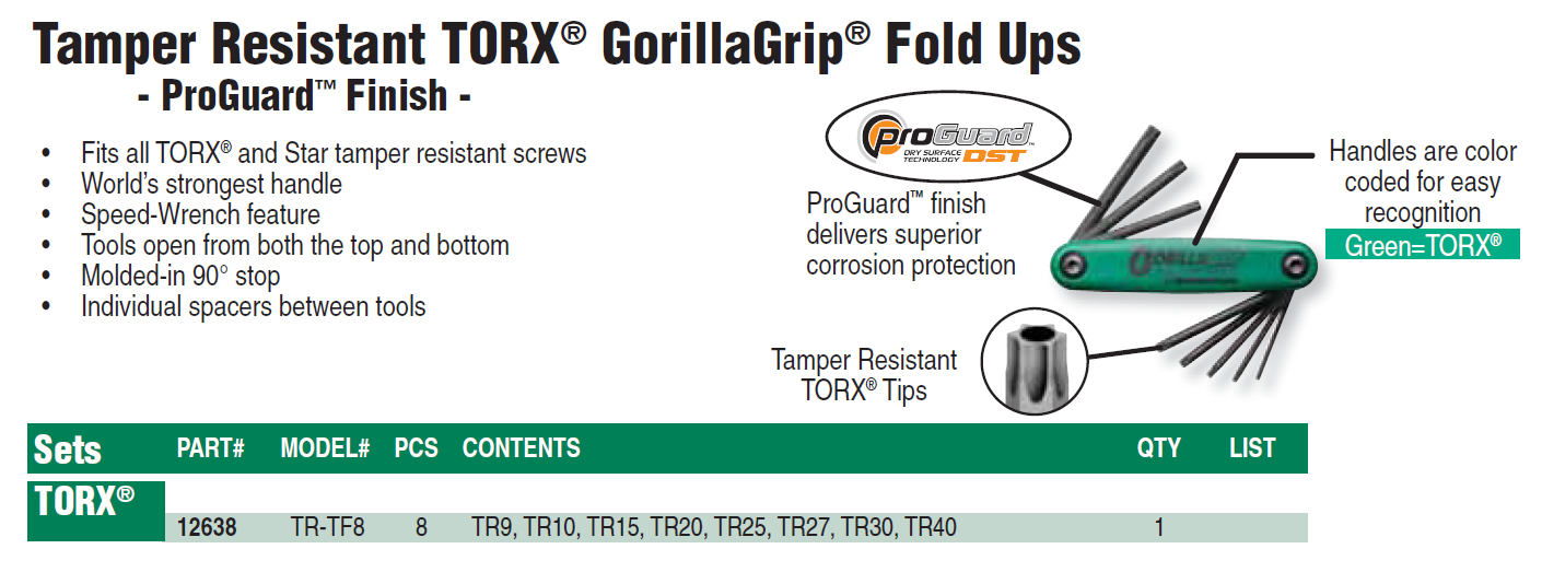 Bondhus 12634/12638 GorillaGrip-TF8/TR-TF8, Set of 8 Star Fold-up Keys, sizes T9-T40/TR9-TR40