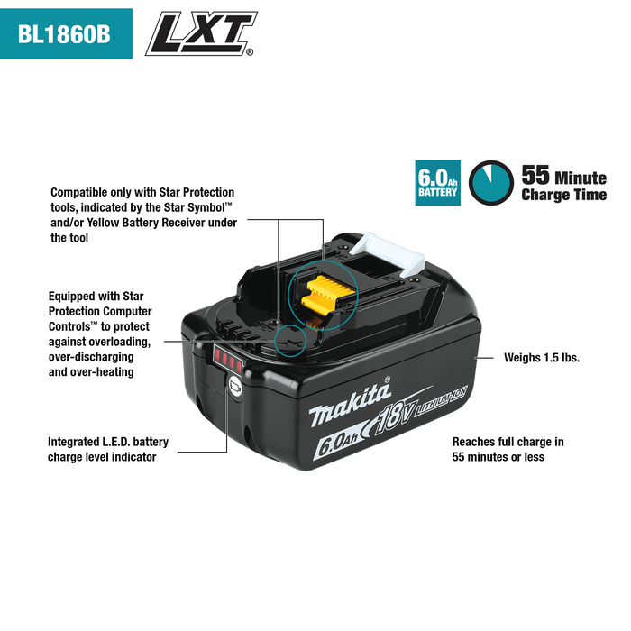 Makita 18V 6.0Ah LXT Lithium-Ion Battery- BL1860B