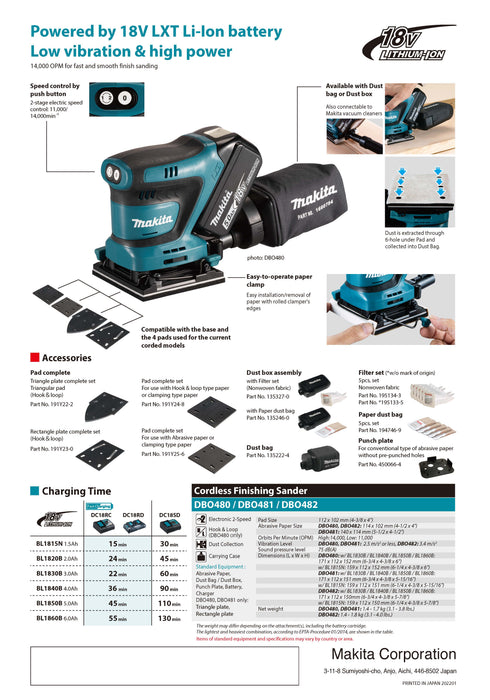 Makita Cordless Finishing Sander- DBO480Z (Bare Unit)