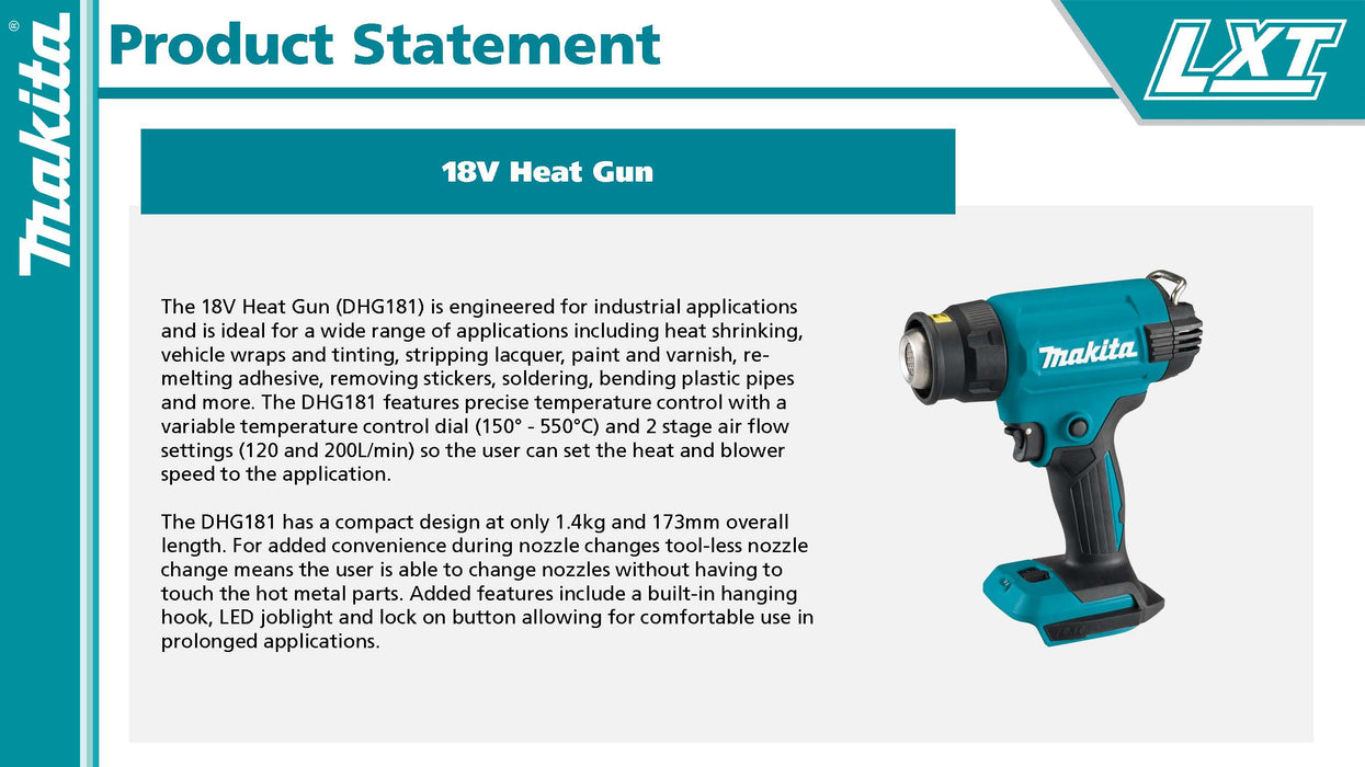 Makita Cordless Heat Gun- DHG181ZK (Bare Unit)