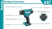 DHG181 overview: nozzle release, hanging hook, lock-on button, temperature dial and LED light