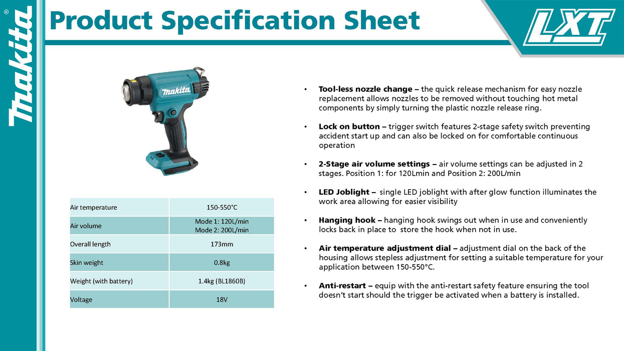 Makita Cordless Heat Gun- DHG181ZK (Bare Unit)